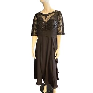 Gown Gallery Lace and Sequin Bodice 3/4 Sleeve Tea Length Dress Black 16W NWT